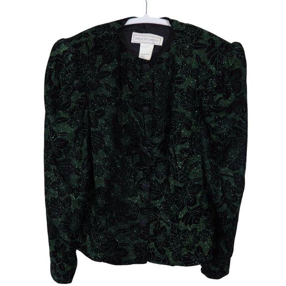 Jessica McClintock Jackets & Blazers - Vintage JESSICA MCCLINTOCK Size 12 Black Green Velvet Sparkle Puff Sleeve Jacket